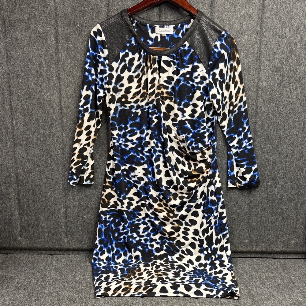Calvin Klein Blue and Black Animal Print Long Sleeve Dress
